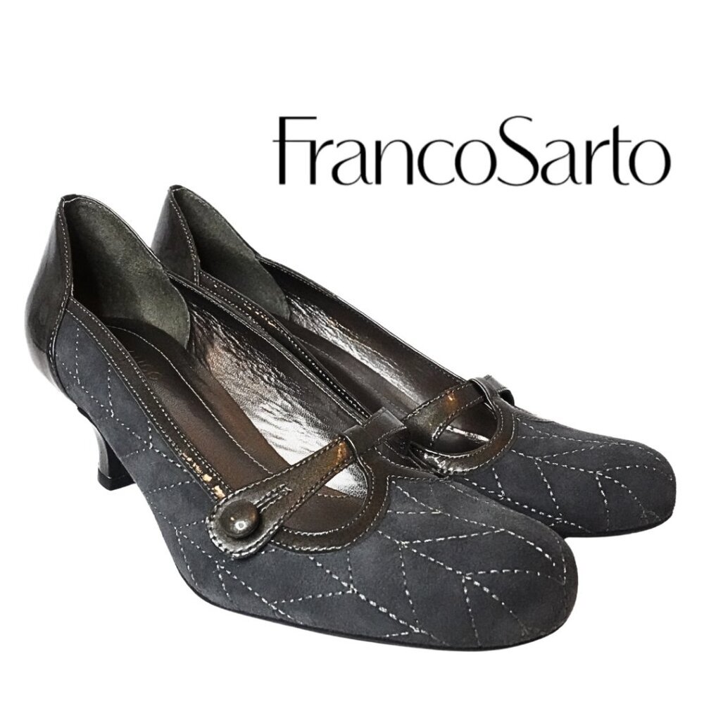 Franco Sarto, Mary Jane Kitten Heel Suede Pumps Gray Vintage Style Chevron 8N